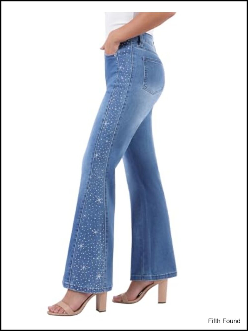 High Waisted Flare Jeans Embellished Rhinestone Stretchy Denim